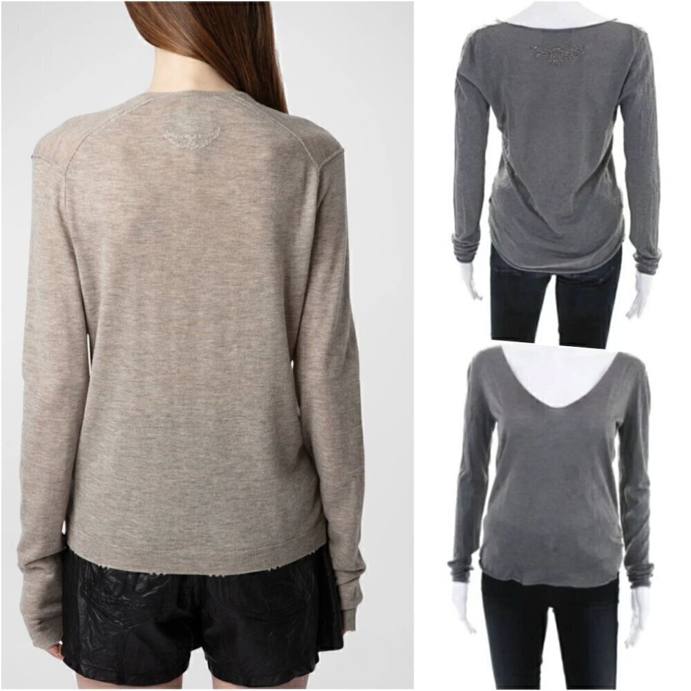Zadig & Voltaire Merino Wool V Neck Sweater Gray Small